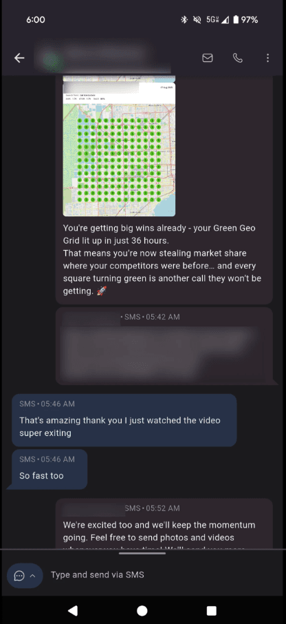 Client testimonial showing Green Geo Grid results in 36 hours